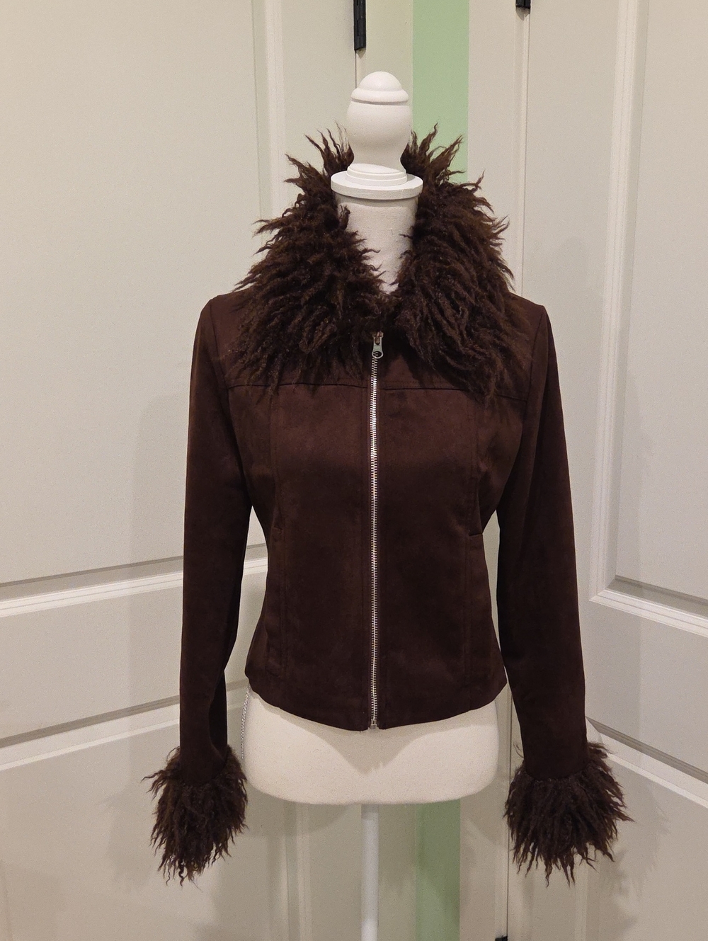 Women's Brown Faux-Suede Jacket with Faux-Fur Trim